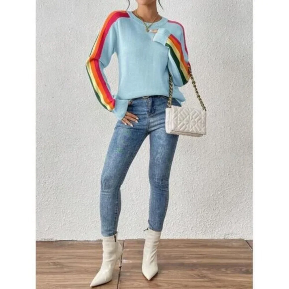 Women's Colorful Rainbow Striped Casual Crewneck Sweater Long-SleeveTops - Picture 6 of 6